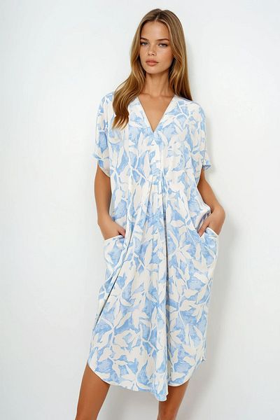 VAGGON Γυναικείο Baby Blue με V λαιμόκοψη Καλοκαιρινό Maxi Υφαντό Φόρεμα Prmx14087