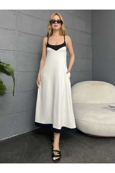 Butik Merrline Γυναικείο λευκό λουράκι με γαρνιτούρα Premium ύφασμα βισκόζης Νέα τάση καλοκαιρινό άνετο καθημερινό φόρεμα