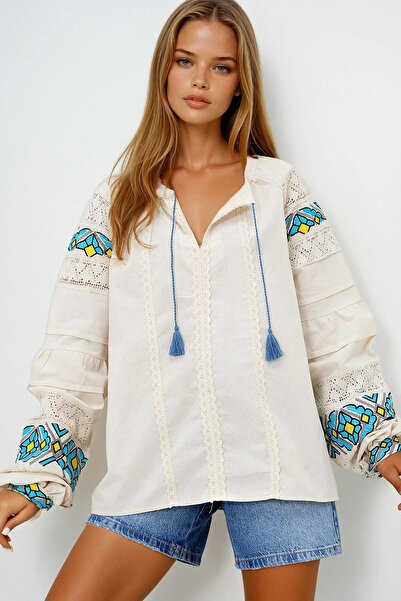 VAGGON Women's Beige Crew Neck Fishtail and Embroidered Balloon Sleeve Raw Linen Blouse Prmx14101