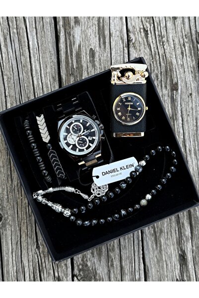 Daniel Klein Siyah Renk Fonksiyonlu Kol Saati Doğal Taş Tespih Ve Bileklik Ça...