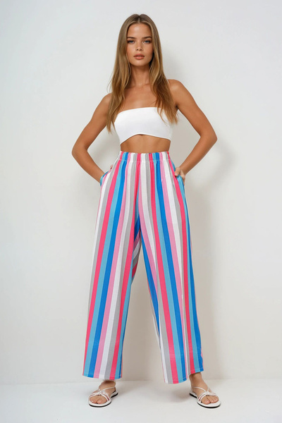 VAGGON Women's Pink-Blue Double Pocket Line Patterned Wide Leg Summer Trousers Prmx14142