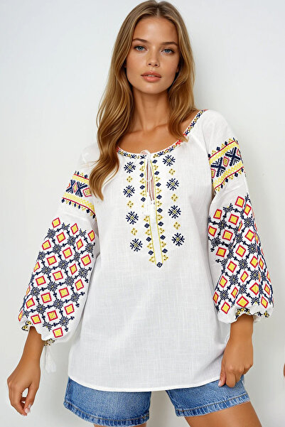 VAGGON Women's White Wide Collar Embroidery Work Summer Linen Blouse Prmx14102