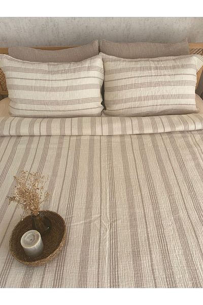 Befera Design Σετ παπλωματοθήκη από μουσελίνα 100% βαμβακερό διπλό πλενόμενο σετ παπλωματοθήκης που δεν ζητά σιδέρωμα μπεζ ριγέ