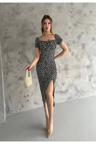 Butik Merline Women's Black Crunching Wrinkle Flower Sliphon Daily Dress