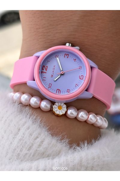 Jaga Pink Silicone Cord Girls' Digital Wristwatch + Daisy Bracelet Suitable for Pool and Sea Use