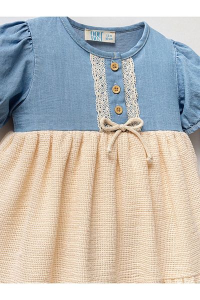 Little Baby Baby Girl Dress with Button Front Sleeves and Rope Detail