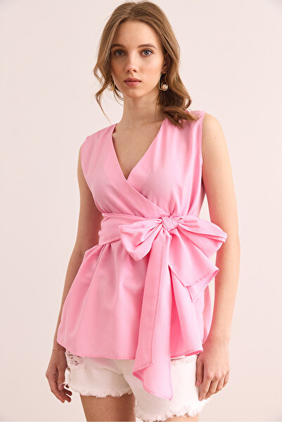 Olalook Women's Candy Pink Double Breasted Collar Belted Woven Blouse Blz- 19002914