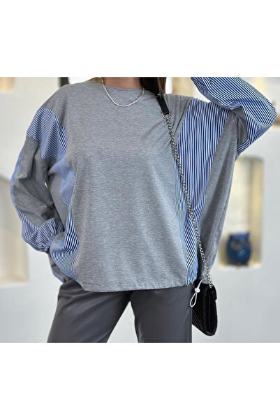 Butik MAVİ ÇİZGİ DETAYLI GRİ SALAŞ SWEATSHİRT