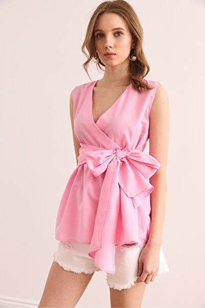 Olalook Women's Candy Pink Double Breasted Collar Belted Woven Blouse Blz- 19002914