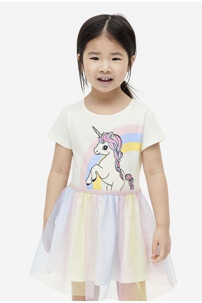 Magu Girl's Cotton Cream Unicorn Printed Tulle Skirt Dress - Colorful Glitter Detail