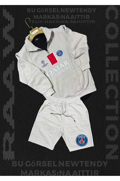 Minikelya Paris Sweatshirt Summer Suit Stand-Up Collar Top Combed Cotton Shorts Bottom Champions League Logo 2-Piece Combination