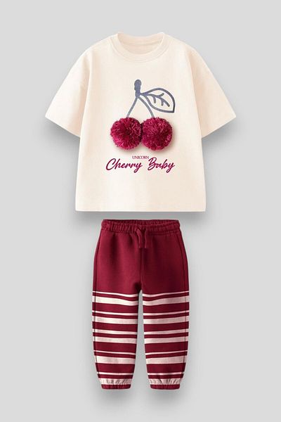 Magu Set de tricou și pantaloni de trening pentru fete, din bumbac, crem, roșu claret, cireș