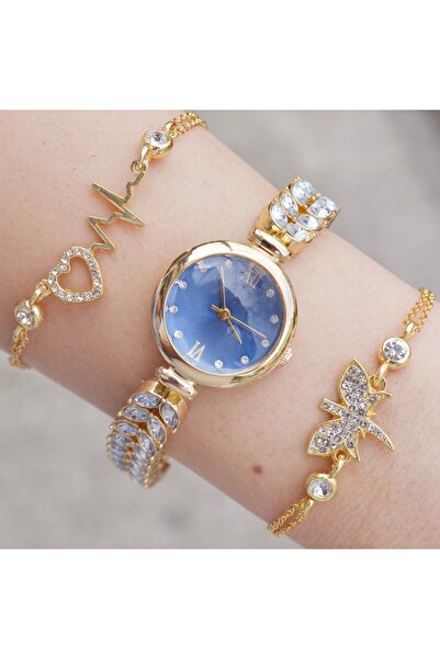 istanbul form Gold Taşlı Metal Kordon Kadın Saat Kombini 3437