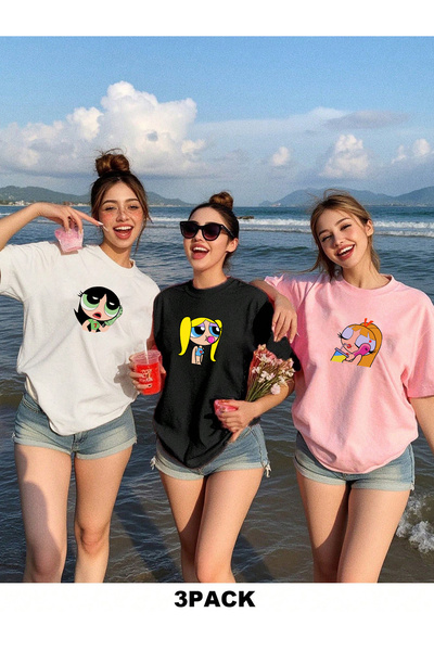 darkopia Σετ 3 μπλουζών μεγάλου μεγέθους με σχέδιο Powerpuff Girls Printed Friend Couple Combination Design