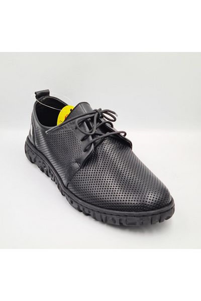 Mammamia D25Ya-85 Black Genuine Leather Anatomical Insole Rubber Laced Women's Daily Casual Shoes