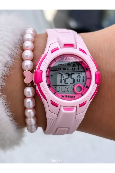Jaga Pool Sea Use, Pink Digital Girl's Wrist Watch+Bracelet with Light, Calendar, Stopwatch