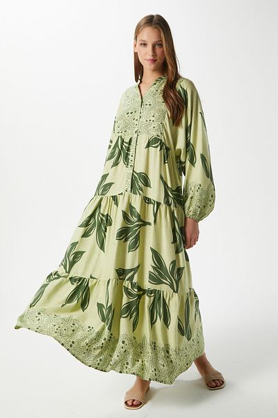 Ritnice Дълга лятна рокля Modest Freya Green от 100% вискоза с многопластов балон ръкав и макси дължина