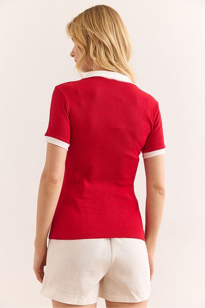 Olalook Women's Red White Polo Neck Color Detailed Flexible Cotton Blouse Blz-19002920
