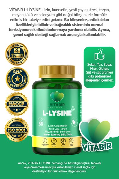Generic Brand Vitabir L-Lysine+ Immune Support! | Lizin,Kuersetin,Green Tea,Cinnamon,Liquorice,Selenium | 60 Tablets