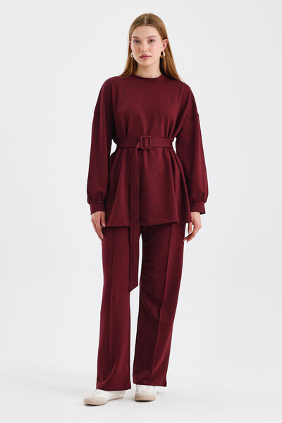 KUAD Burgundy Belted Basic Sweat Pants Suit