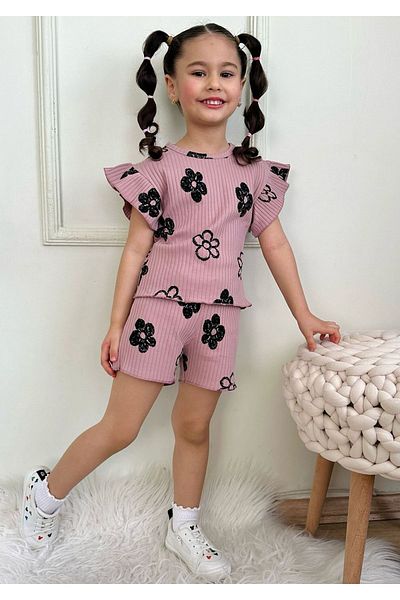 Yağmur Giyim Brush Daisy Pattern Dusty Rose Twill Fabric Ruffled Sleeve Shorts Girl's Short Sleeve Suit