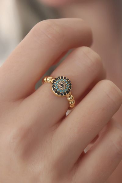 Skygo Gold Color Evil Eye Bead Figure Zircon Stone Detail Women's Ring - TJ-BYK2413