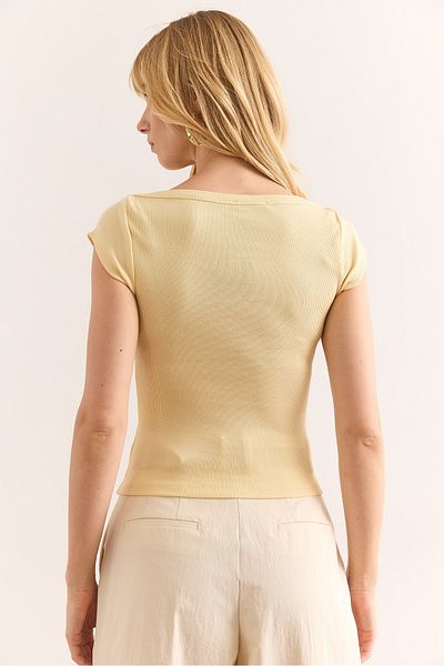 Olalook Women Yellow Shoulder Detail Boat Neck Stretchy Cotton Blouse Blz-19002967