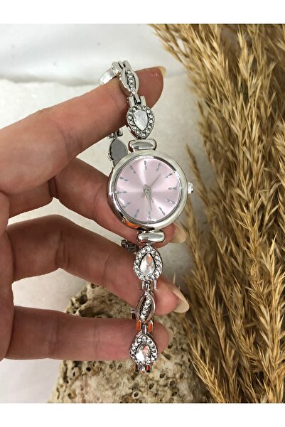 TD TRENDDURAGI Yuvarlak Taşlı İçi Pembe Gümüş Kadın Kol Saati