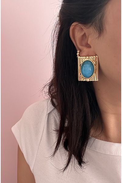 YENGEÇ Vintage Model Blue Color Gold Detail Earrings