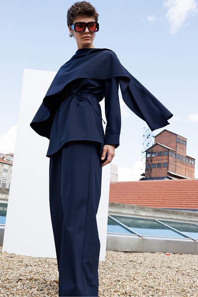 KUAD Navy Blue Draped Collar Design Blouse