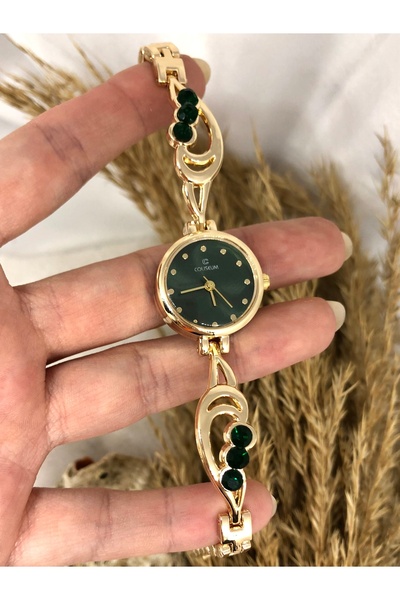 TD TRENDDURAGI Yuvarlak Tasarım Yeşil Taşlı Gold Kadın Kol Saati