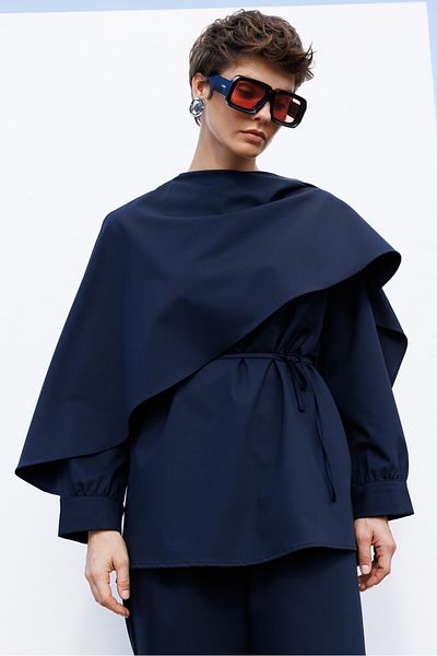 KUAD Navy Blue Draped Collar Design Blouse