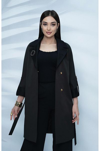 Eccim Fashion Linen Collar and Sleeve Detailed Brooch Lined Short Women's Trench Coat
