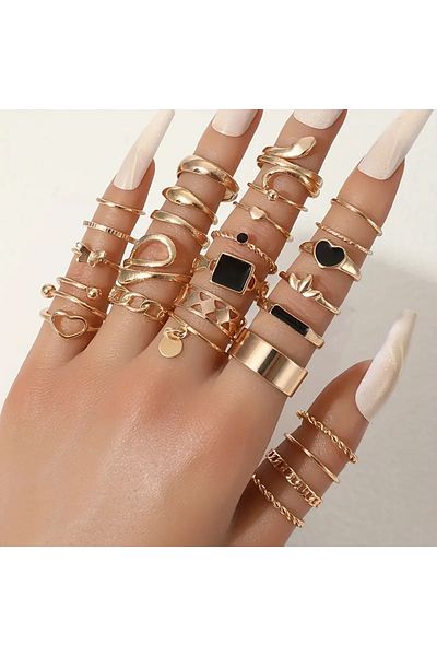 Takıtolia Miel Gold - 25/27 Piece Black Stone Figured Stylish Design Vintage Multi Gold Gold Ring Set
