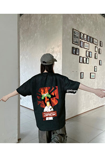 Minga London تي شيرت أسود للجنسين مطبوع عليه ظهر ساموراي جاك مقاس كبير -mingalondon