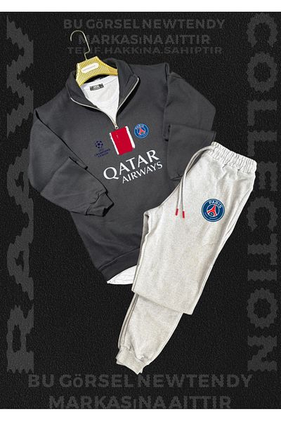 Minikelya Paris Sweatshirt Summer Suit Stand-Up Collar Top Combed Cotton Shorts Bottom Champions League Logo 2-Piece Combination
