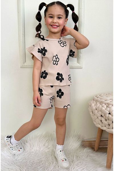 Yağmur Giyim Pjkskt Brush Daisy Pattern Beige Twill Ruffled Sleeve Shorts Girl's Short Sleeve Suit 7638-B