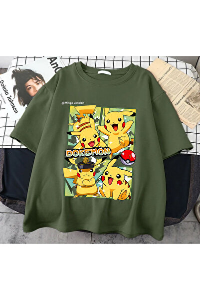 Minga London Haki Pokemon Pikachu Ön Baskılı Oversize Unisex T-shirt -mingalo...