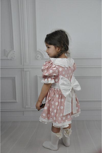 ministok Polka Dot Baby Collar Girl's Dress with Bow on the Back