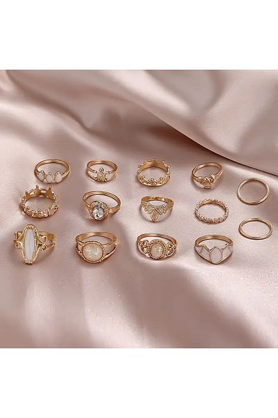 Takıtolia Maven - 14 Pieces Pearlescent Moon Stone Stylish Design Vintage Multiple Adjustable Gold Gold Ring Set