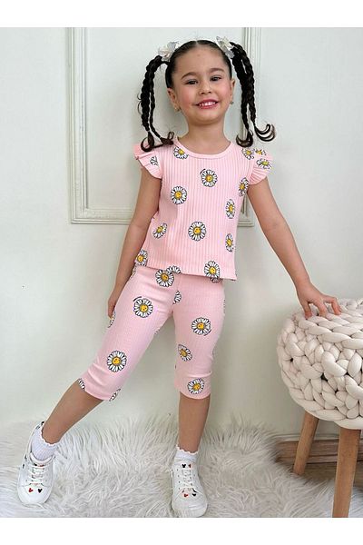 Yağmur Giyim Pjkskt Smile Pattern Salmon Twill Ruffled Sleeve Capri Girl's Short Sleeve Suit 7641-S