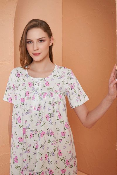 PJS Women's Short Sleeve Patterned Long Nightgown
