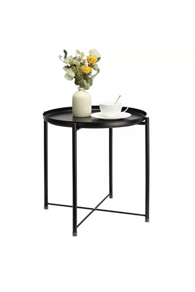 1st Black Metal Round Serving Table with Detachable Top Tray - 50x50x60 cm