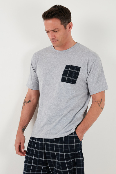 Buratti Καρό κανονική εφαρμογή Βαμβακερή λαιμόκοψη κοντό μανίκι σορτς πιτζάμες Σετ ανδρικό κοστούμι πιτζάμα