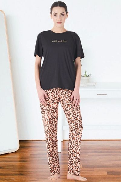 buHillco Estiva Women's Leopard Patterned Short Sleeve Pajama Set