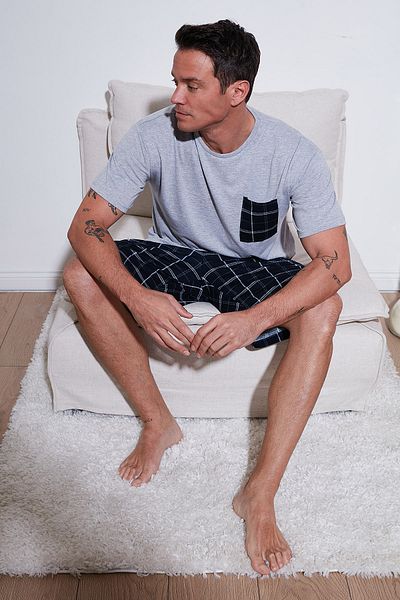 Buratti Checkered Regular Fit Cotton Crew Neck Short Sleeve Shorts Pajama Set Men's Pajama Set