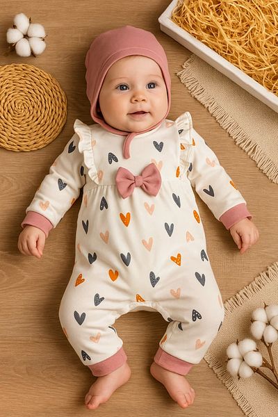Babydonat Heart Patterned 100% Cotton Baby Girl Jumpsuit