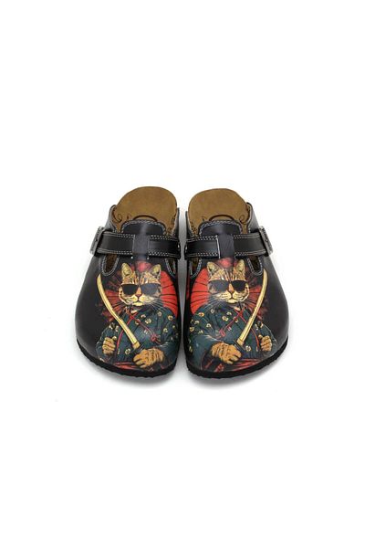 Goby Papuci unisex pentru bărbați și femei, cu model Samurai, cu vârf închis, Sabo negru