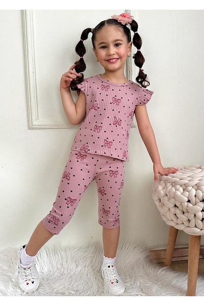 Yağmur Giyim Pjkskt Bow Pattern Dusty Rose Twill Ruffled Sleeve Capri Girl's Short Sleeve Suit 7642-g