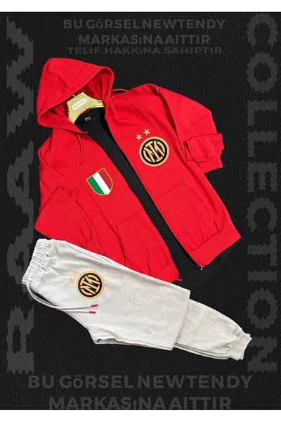 Minikelya Inter Milan Men's Hooded Zip Tracksuit - Black Jacket and Grey Trousers with Club Logo